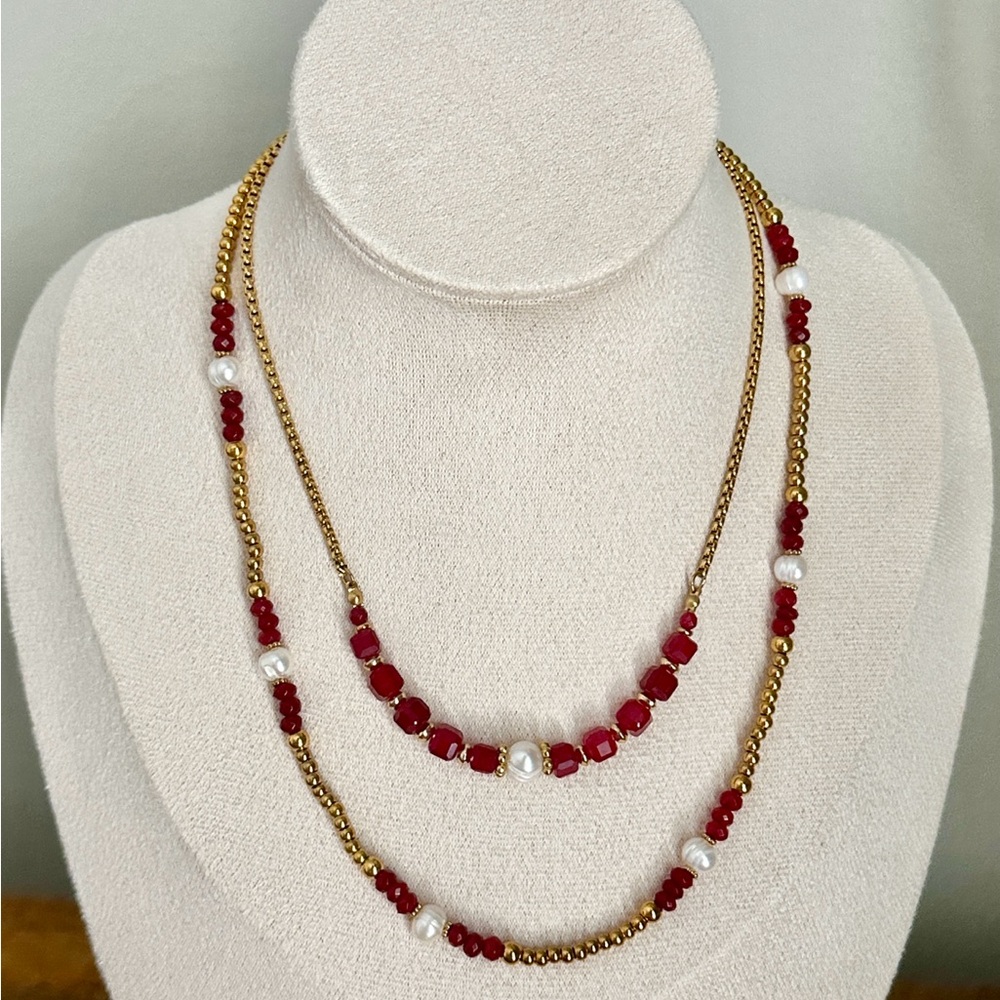 Pearl and Red Ruby Bead Gold Necklace Set Crystal Gemstone July Birthstone
